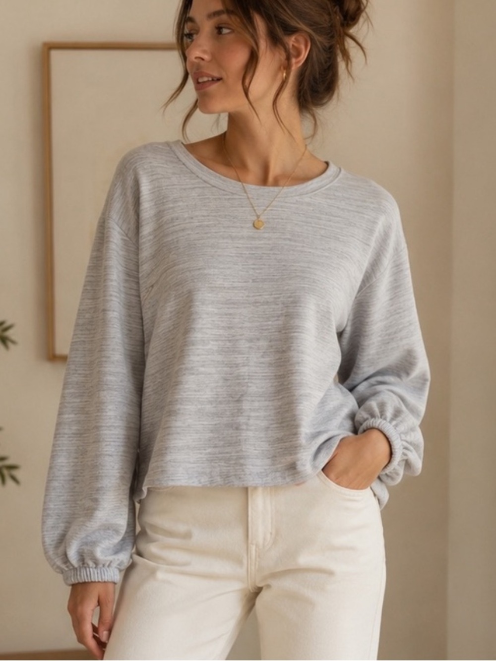 LILLA P Gray Heather Cotton Blend Scandi Minimalist Balloon Sleeve Top Size L